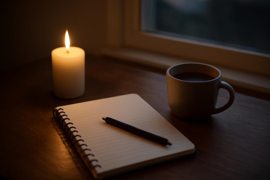 A small table with a notebook, candle, and cup of tea at dusk